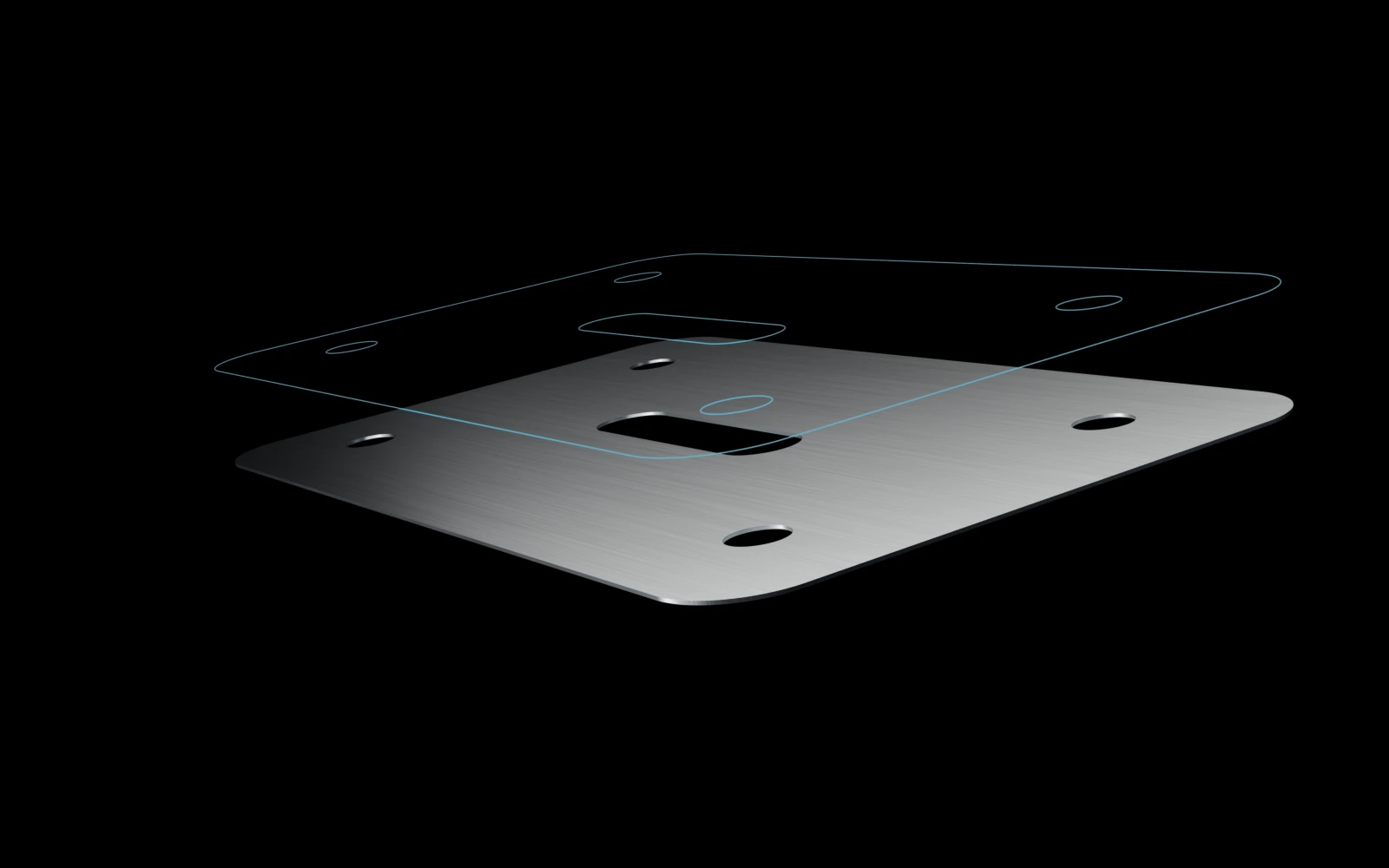 A silver part with smooth curved corners beneath the matching blue outline of its CAD drawing