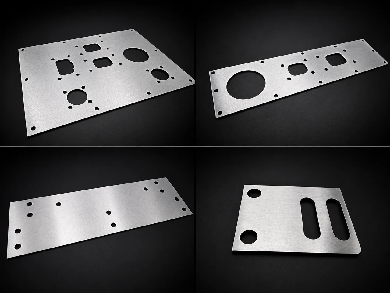 Four metal panels with a variety of circular holes, rectangular openings and slots