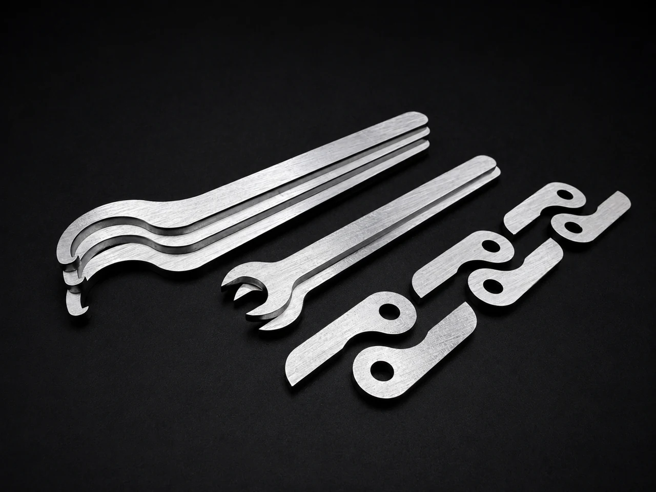 Stacks of long hooked metal profiles beside smaller hooked tabs with round holes
