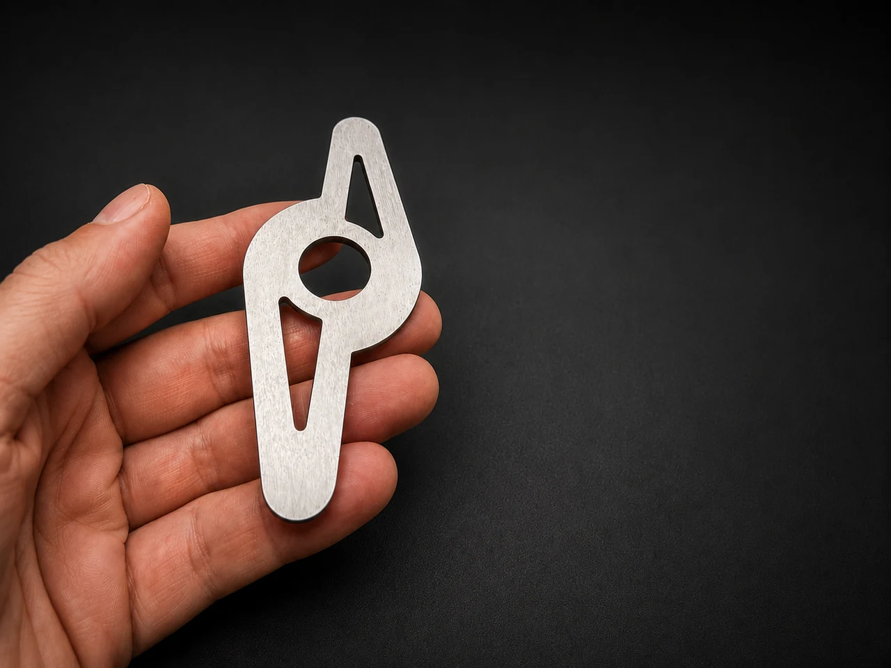 A metal profile held in a hand, with a round centre hole and two tapered cut-outs