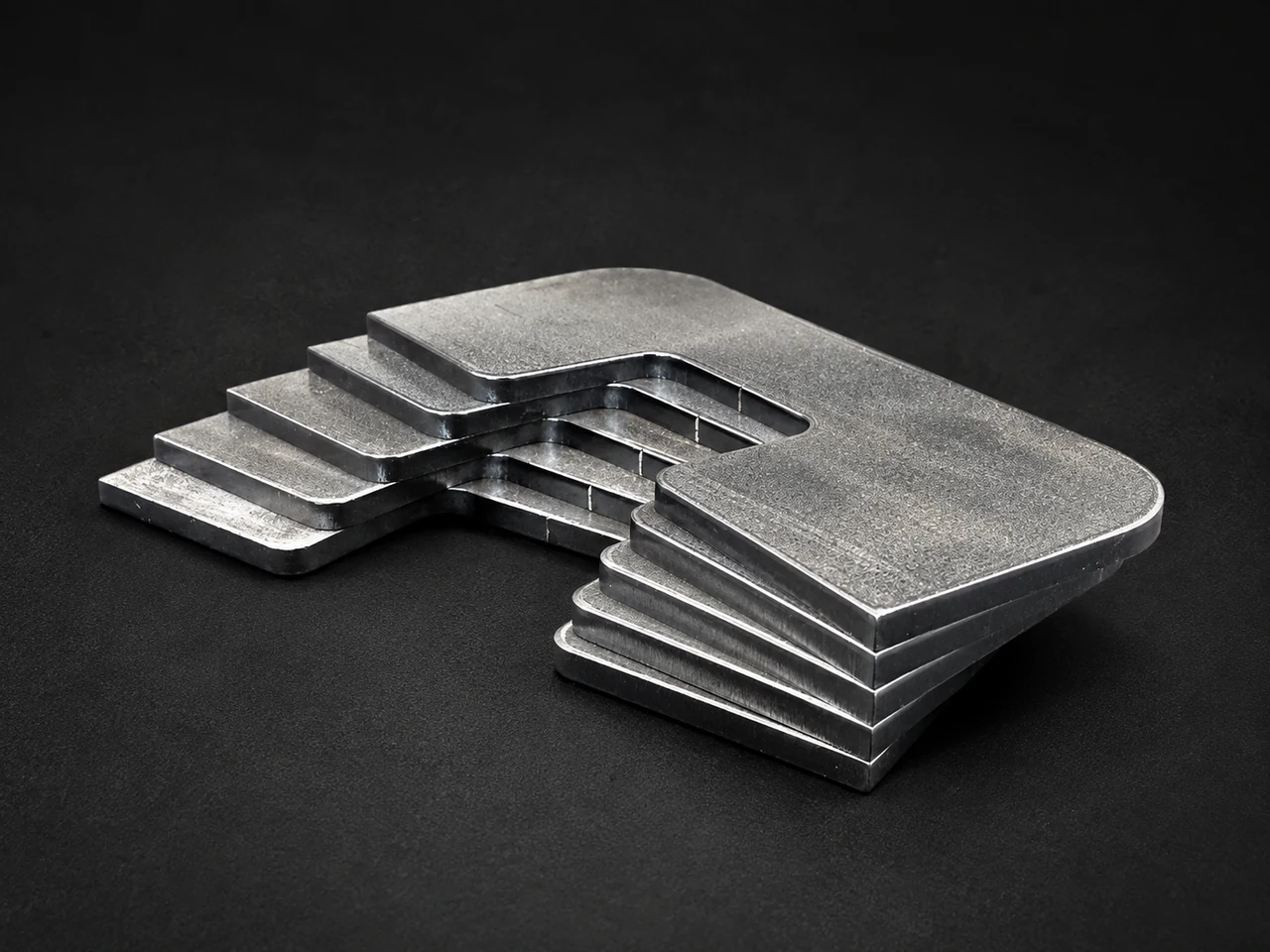 A stack of metal parts with wide open-ended slots