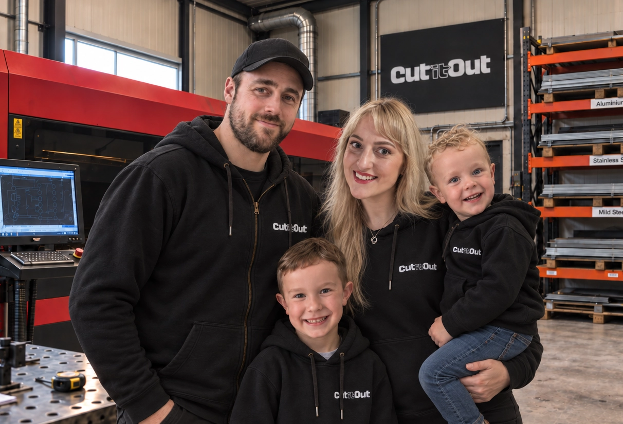The Cut It Out family in the workshop beside the laser cutting machine