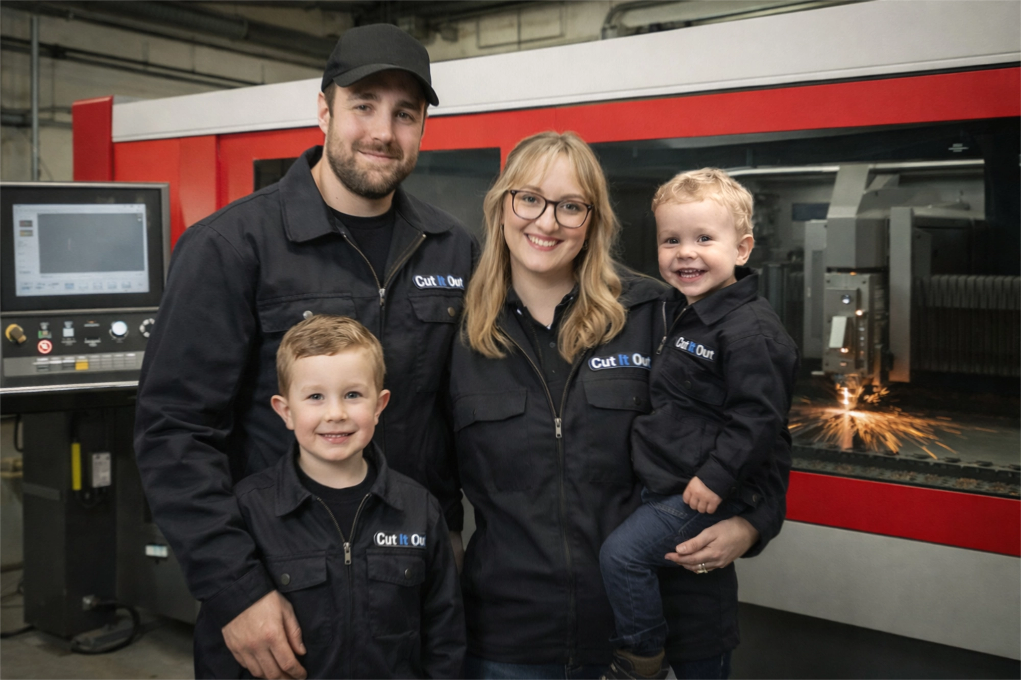 The Cut It Out family in the workshop beside the laser cutting machine