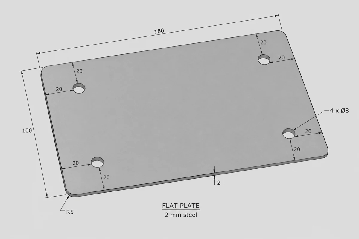 Synthetic dimensioned CAD view of a rounded mounting plate with four holes