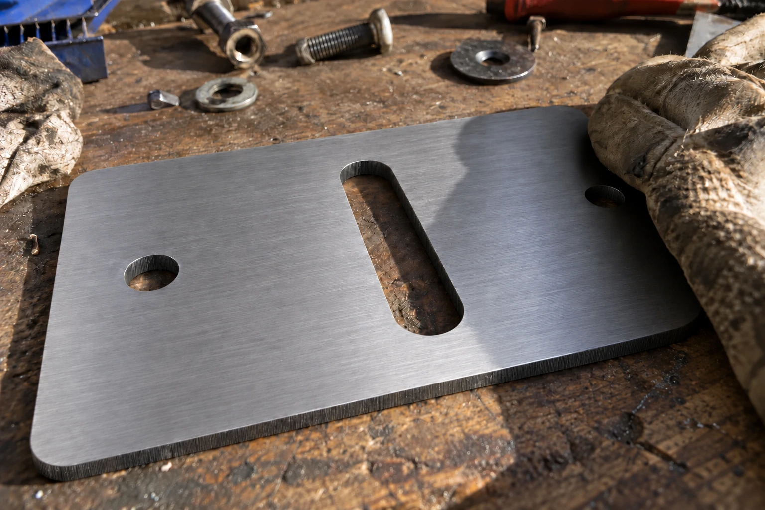 Poor upload photo: an oblique view of a freshly cut, lengthwise brushed steel plate on a cluttered bench, with a glove obscuring an edge and hole and a dark shadow across the part