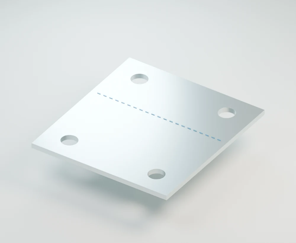 Illustrative flat bracket with four holes and a blue bend location