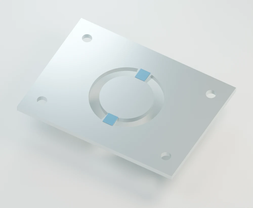 Matching stencil with two blue metal bridges holding the centre in place