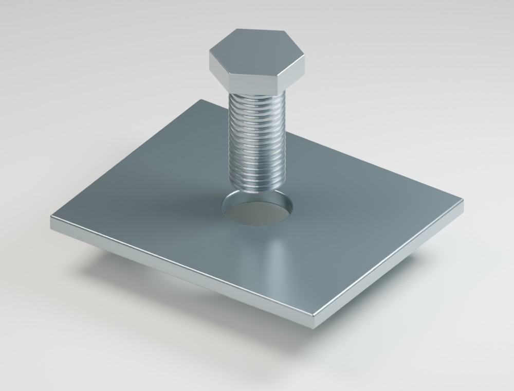 A hex-head bolt aligned above a slightly larger through-hole in a metal plate