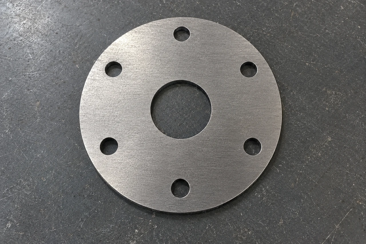 A straight-on photograph of a freshly laser-cut circular steel plate with a brushed face, six bolt holes and a central opening