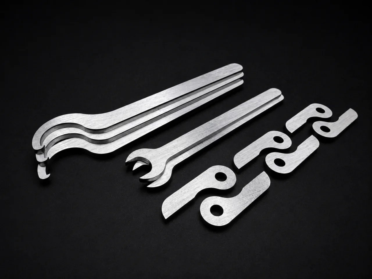 Small batches of laser-cut metal parts with hooked profiles and circular holes